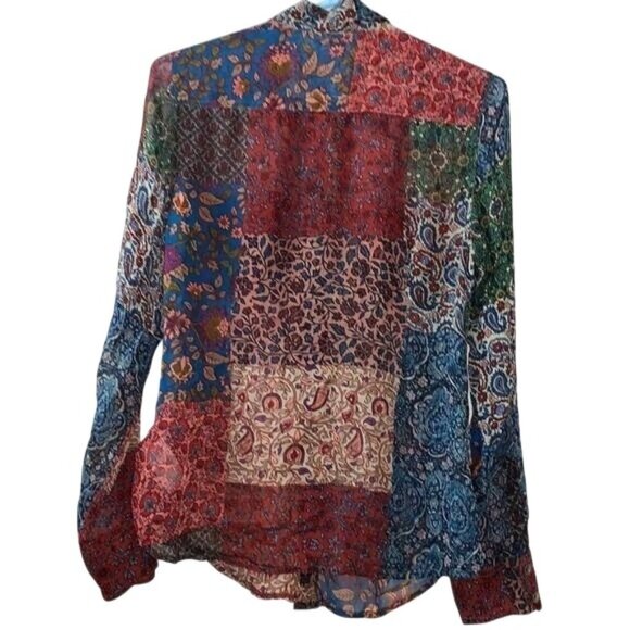 Lucky Brand Womens Sheer Patchwork Button-Up Shirt S Rayon Boho Design - Picture 9 of 10